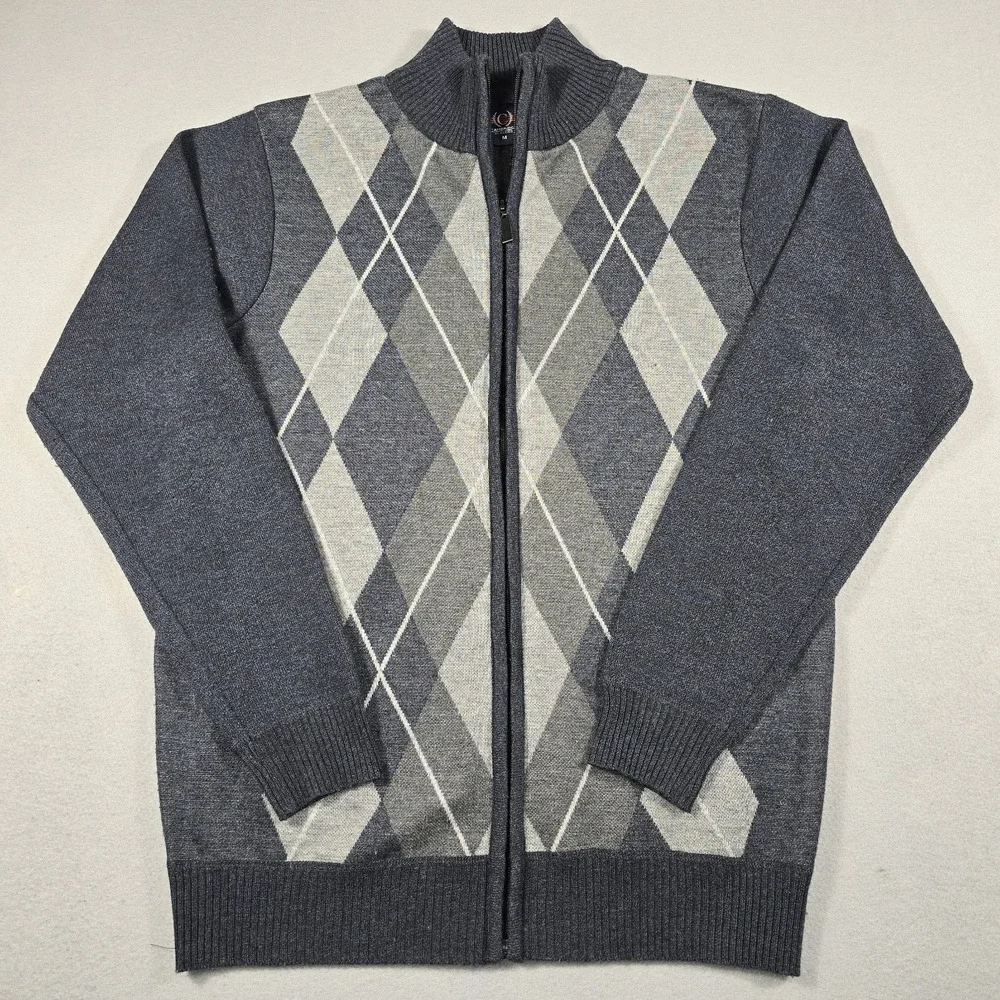 Cambridge Classics Mens Medium Blue Full Zip Sweater Argyle‎ Mock Neck Casual